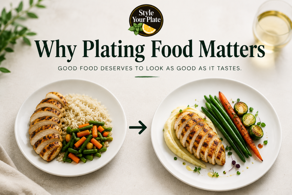 Side by side comparison showing an everyday plated chicken dinner transformed into a restaurant style presentation that demonstrates why plating food matters.